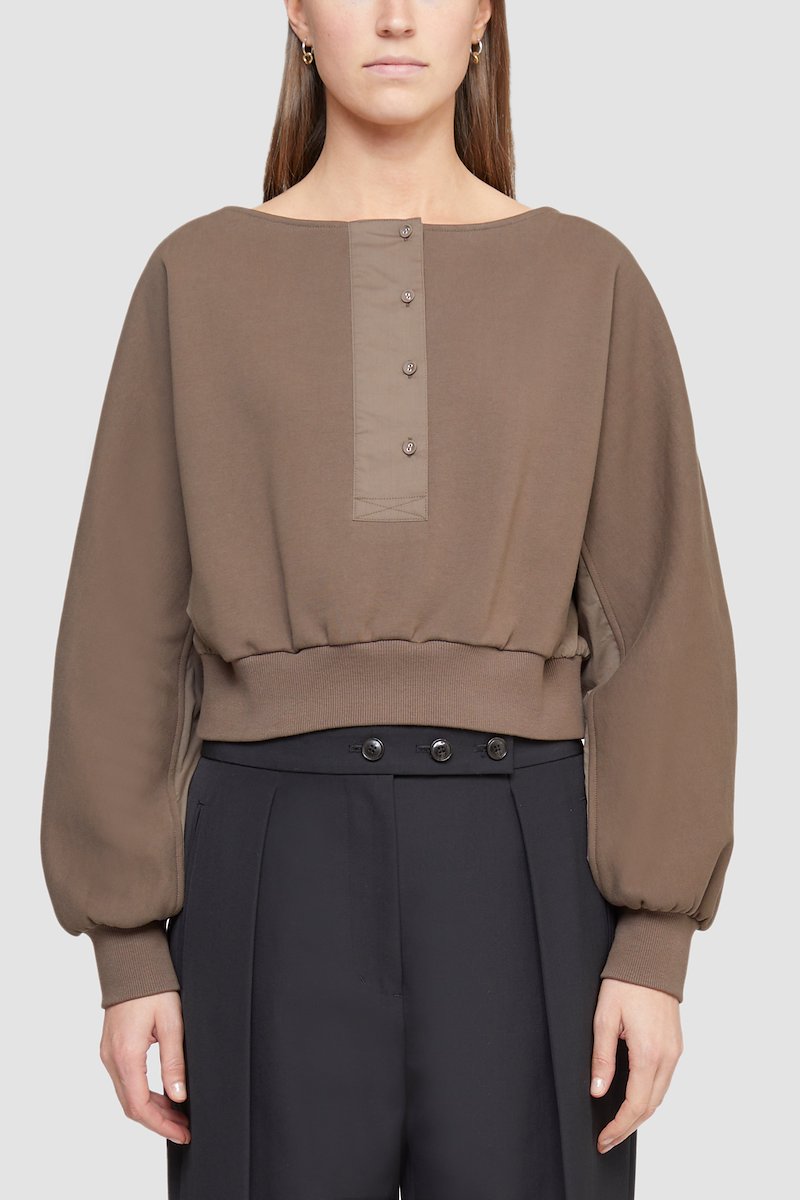 French Terry Combo Henley Pullover-green #1 French Terry Combo Henley Pullover, Henley-neck sweatshirt from 3.1 PHILLIP LIM featuring military green, cotton, Henley neck, contrasting panel detail, long sleeves and ribbed-knit edge.- 1