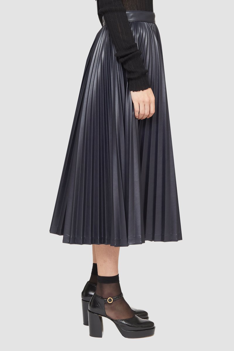 Leather Alternative Asymmetrical Pleated Skirt, asymmetrical-pleat midi skirt from 3.1 PHILLIP LIM featuring black, faux leather, A-line, fully pleated, asymmetric design, high waist, slip pockets to the sides and mid-length.- 2