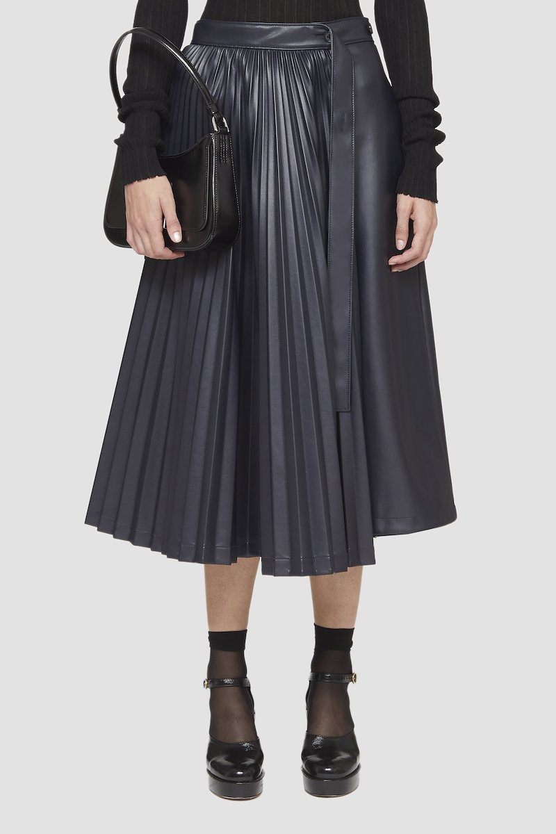 Leather Alternative Asymmetrical Pleated Skirt-ink #1 Leather Alternative Asymmetrical Pleated Skirt, asymmetrical-pleat midi skirt from 3.1 PHILLIP LIM featuring black, faux leather, A-line, fully pleated, asymmetric design, high waist, slip pockets to the sides and mid-length.- 1