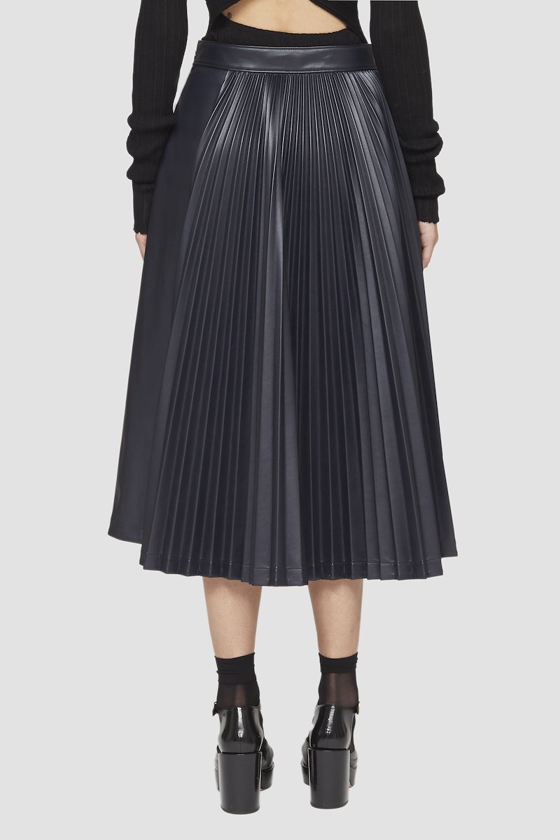 Leather Alternative Asymmetrical Pleated Skirt-ink #1 Leather Alternative Asymmetrical Pleated Skirt, asymmetrical-pleat midi skirt from 3.1 PHILLIP LIM featuring black, faux leather, A-line, fully pleated, asymmetric design, high waist, slip pockets to the sides and mid-length.- 5
