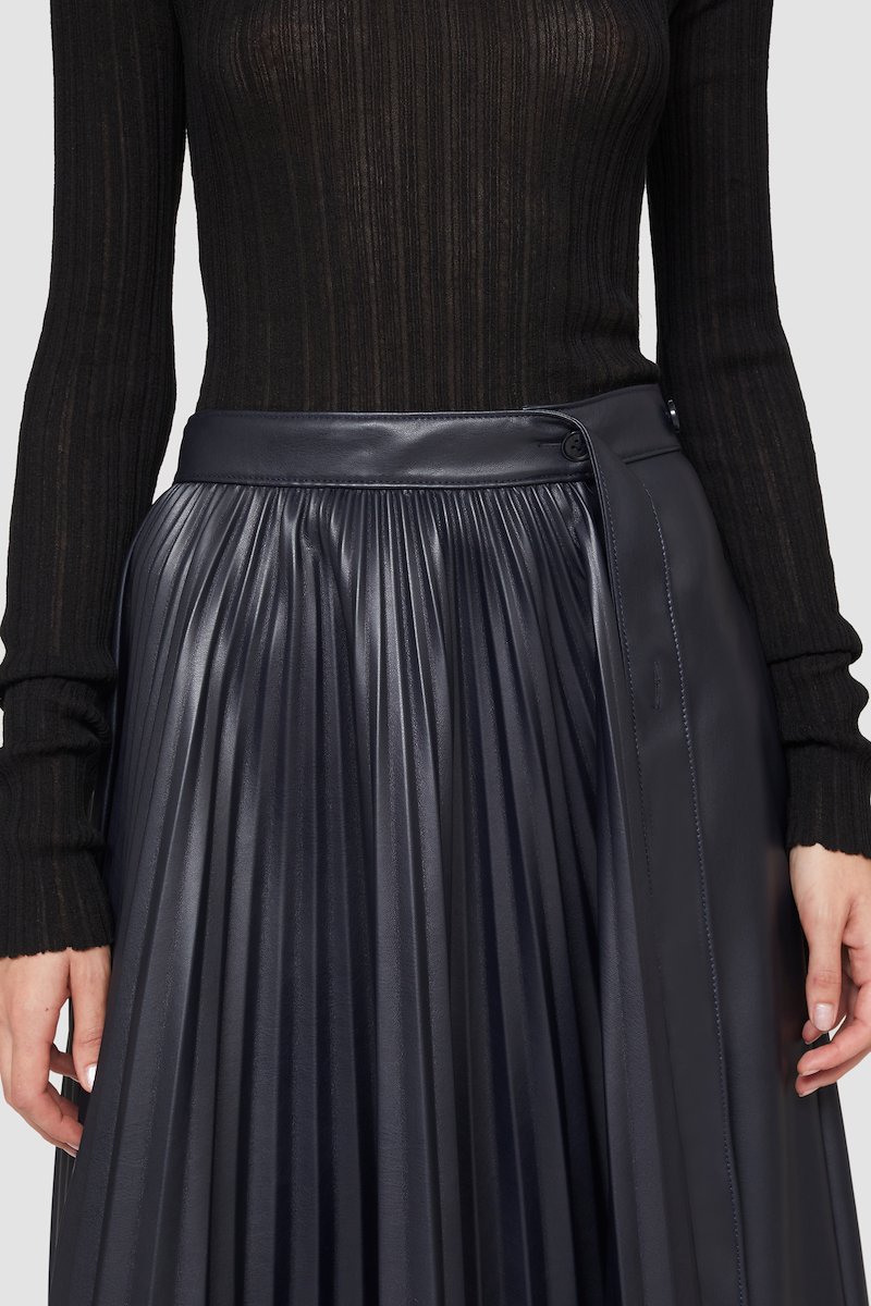 Leather Alternative Asymmetrical Pleated Skirt-ink #0 Leather Alternative Asymmetrical Pleated Skirt, asymmetrical-pleat midi skirt from 3.1 PHILLIP LIM featuring black, faux leather, A-line, fully pleated, asymmetric design, high waist, slip pockets to the sides and mid-length.- 6