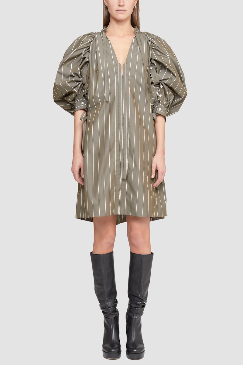 Puff Sleeve Striped Poplin Dress-green #1 Puff Sleeve Striped Poplin Dress, - 1
