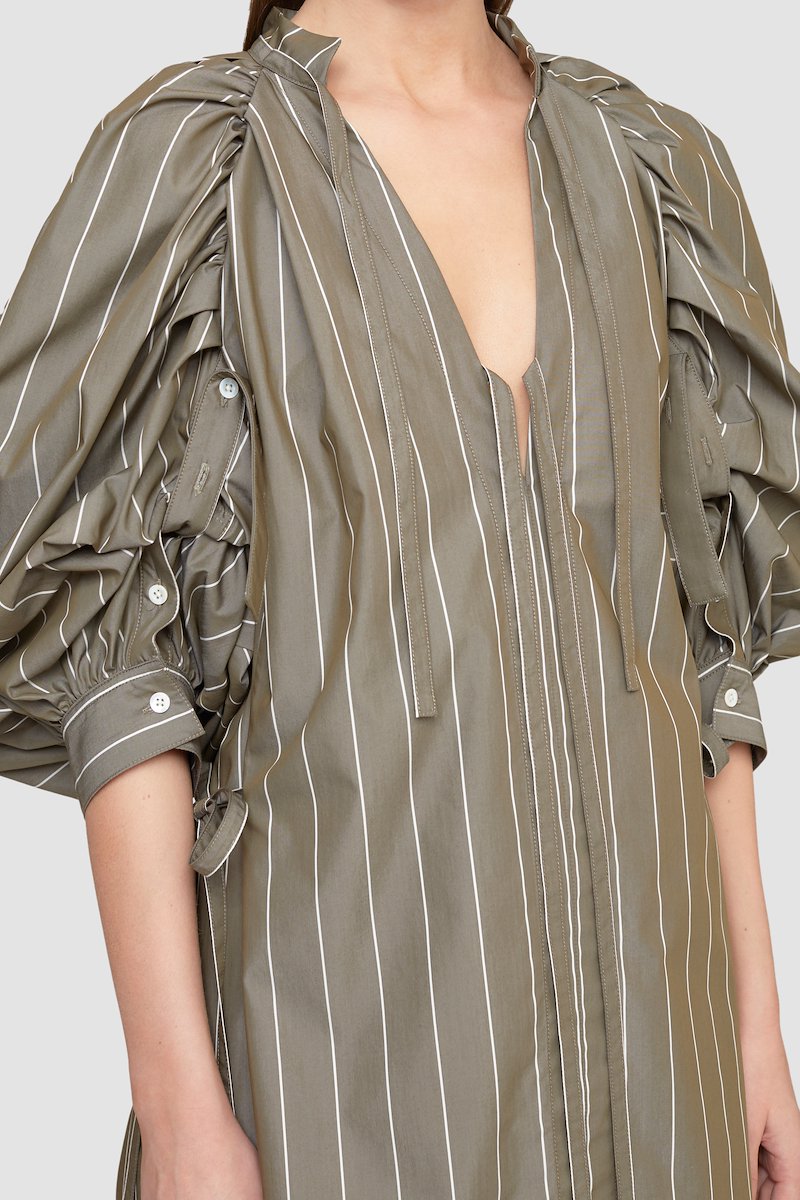 Puff Sleeve Striped Poplin Dress-green #0 Puff Sleeve Striped Poplin Dress, - 4