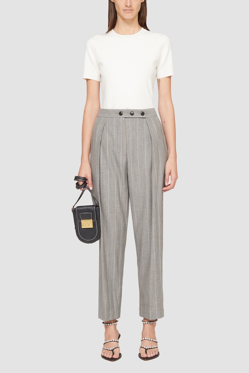 High Waisted Tapered Trouser-grey #0 High Waisted Tapered Trouser, high-waisted tapered trousers from 3.1 PHILLIP LIM featuring light grey, wool-cotton blend, high waist, button fly fastening, vertical stripe pattern, pleat detailing, cropped leg and tapered leg.- 0