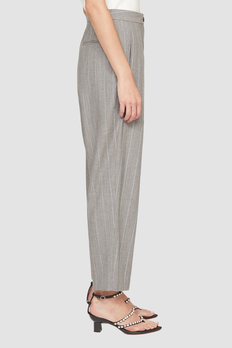 High Waisted Tapered Trouser-grey #0 High Waisted Tapered Trouser, high-waisted tapered trousers from 3.1 PHILLIP LIM featuring light grey, wool-cotton blend, high waist, button fly fastening, vertical stripe pattern, pleat detailing, cropped leg and tapered leg.- 2