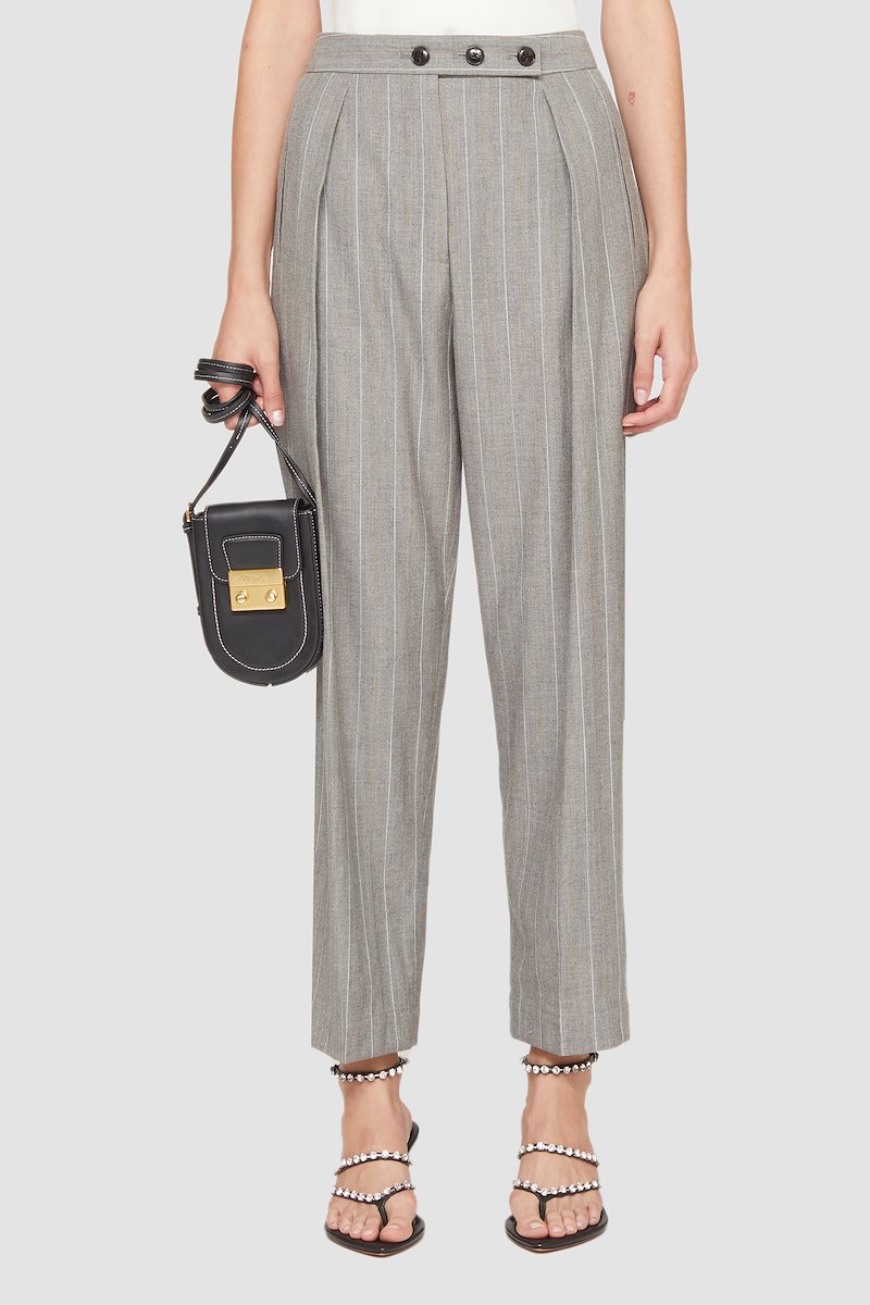 High Waisted Tapered Trouser-grey #1 High Waisted Tapered Trouser, high-waisted tapered trousers from 3.1 PHILLIP LIM featuring light grey, wool-cotton blend, high waist, button fly fastening, vertical stripe pattern, pleat detailing, cropped leg and tapered leg.- 1