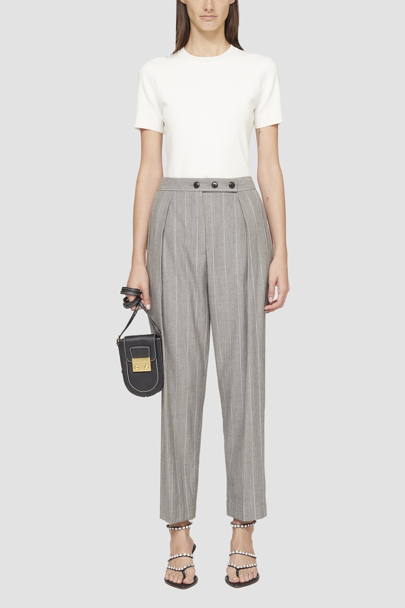 High Waisted Tapered Trouser-grey #0 High Waisted Tapered Trouser, high-waisted tapered trousers from 3.1 PHILLIP LIM featuring light grey, wool-cotton blend, high waist, button fly fastening, vertical stripe pattern, pleat detailing, cropped leg and tapered leg.- 2