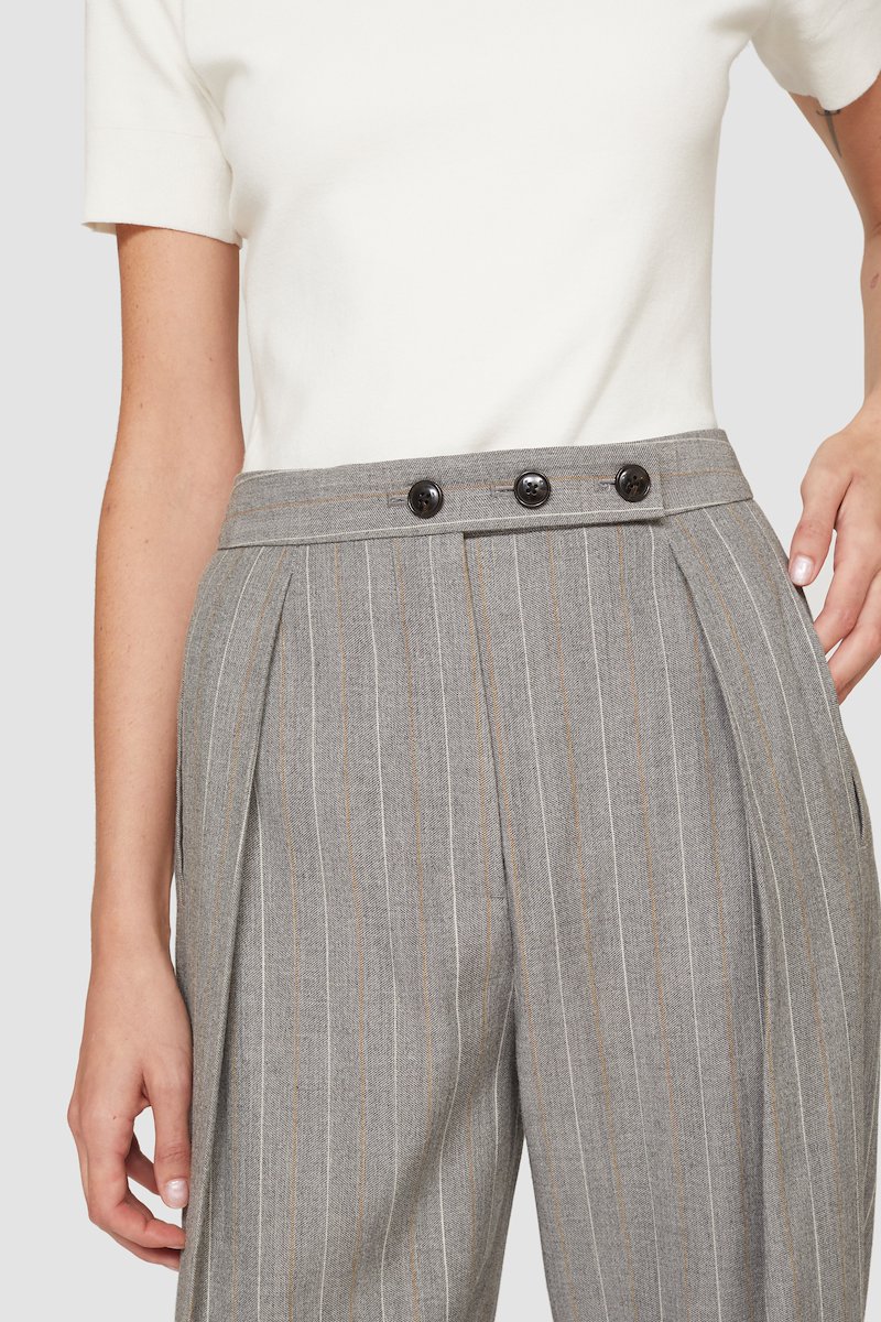 High Waisted Tapered Trouser-grey #0 High Waisted Tapered Trouser, high-waisted tapered trousers from 3.1 PHILLIP LIM featuring light grey, wool-cotton blend, high waist, button fly fastening, vertical stripe pattern, pleat detailing, cropped leg and tapered leg.- 6