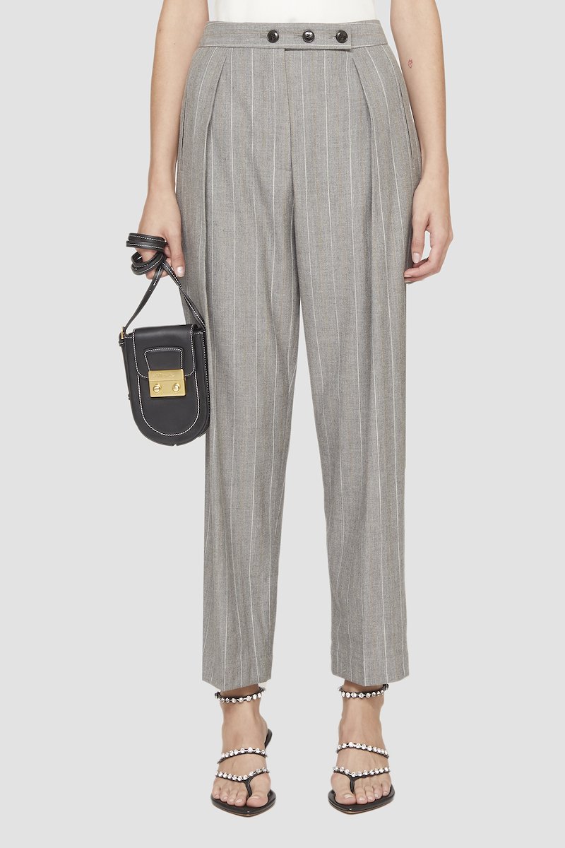 High Waisted Tapered Trouser-grey #1 High Waisted Tapered Trouser, high-waisted tapered trousers from 3.1 PHILLIP LIM featuring light grey, wool-cotton blend, high waist, button fly fastening, vertical stripe pattern, pleat detailing, cropped leg and tapered leg.- 1