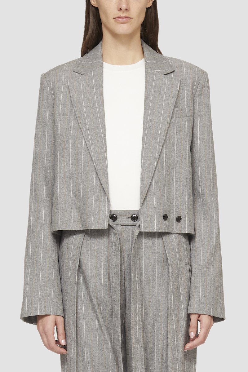 Cropped Blazer With Ties-grey #1 Cropped Blazer With Ties, nickel grey wool blend vertical stripe print shawl lapels chest welt pocket long sleeves cropped- 1