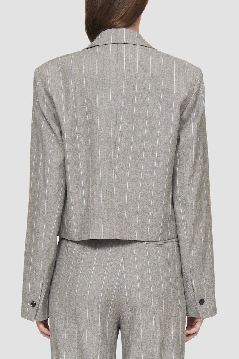 Cropped Blazer With Ties-grey #1 Cropped Blazer With Ties, nickel grey wool blend vertical stripe print shawl lapels chest welt pocket long sleeves cropped- 5