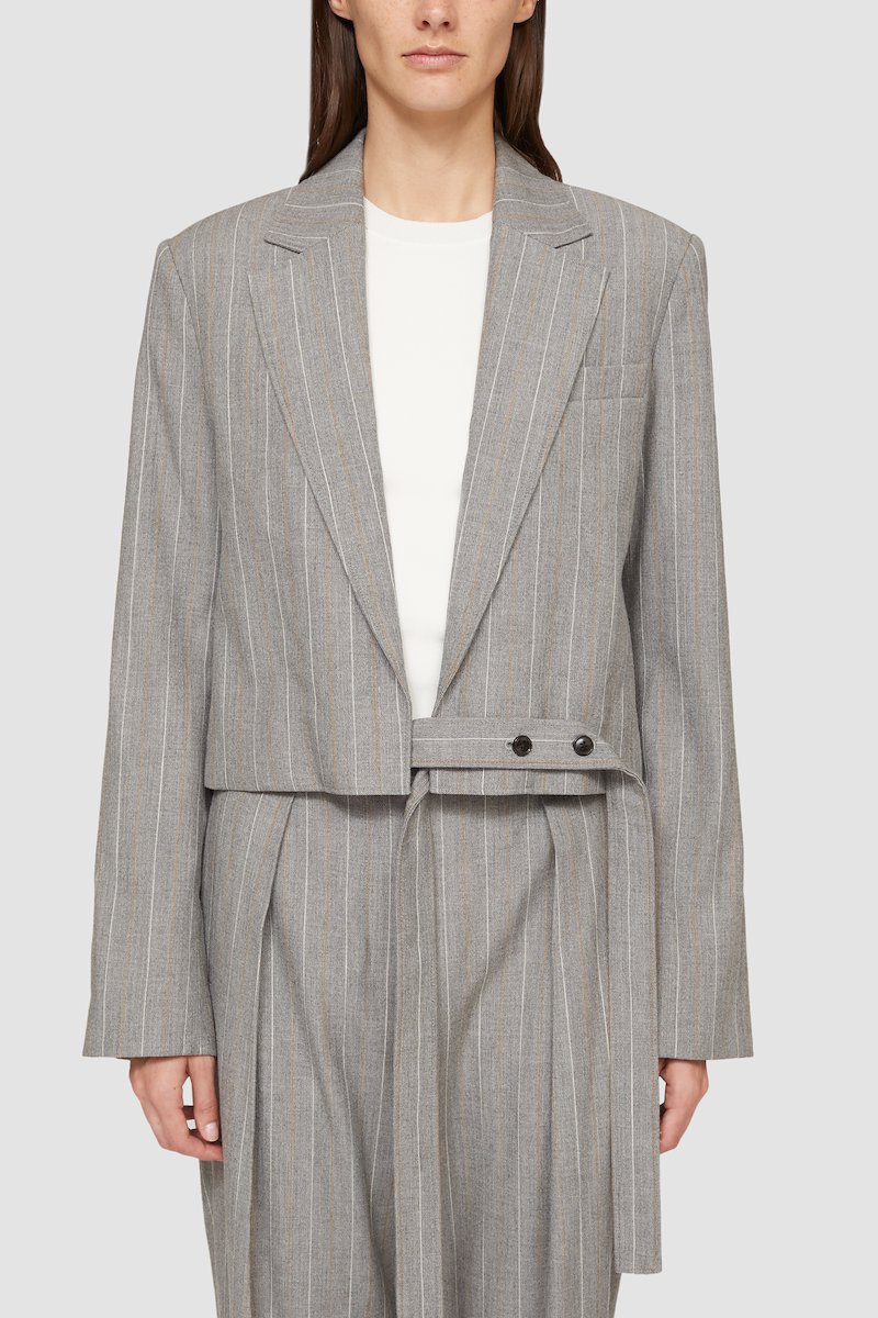 Cropped Blazer With Ties-grey #0 Cropped Blazer With Ties, nickel grey wool blend vertical stripe print shawl lapels chest welt pocket long sleeves cropped- 6