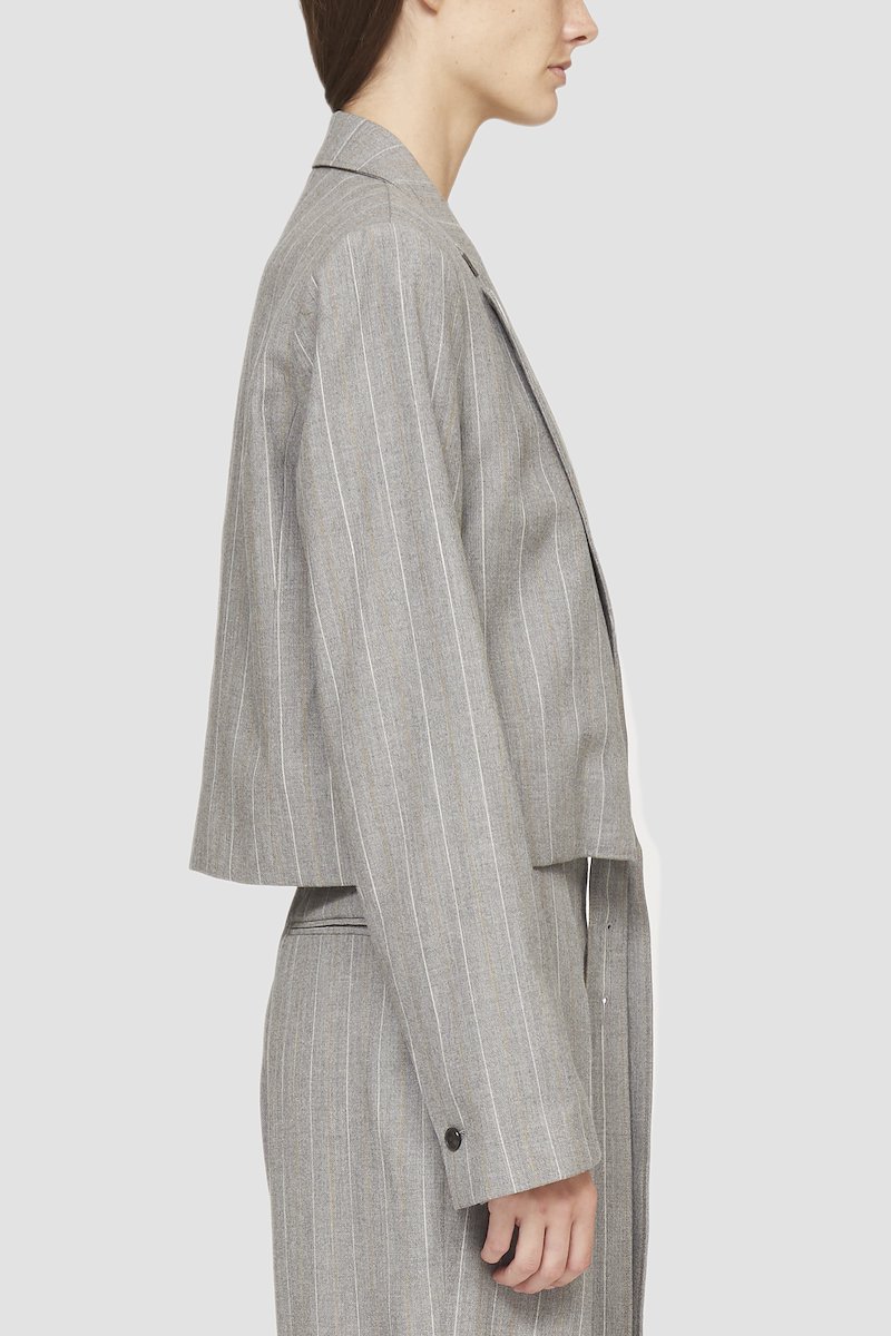 Cropped Blazer With Ties-grey #0 Cropped Blazer With Ties, nickel grey wool blend vertical stripe print shawl lapels chest welt pocket long sleeves cropped- 4
