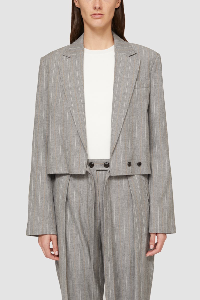Cropped Blazer With Ties-grey #1 Cropped Blazer With Ties, nickel grey wool blend vertical stripe print shawl lapels chest welt pocket long sleeves cropped- 3