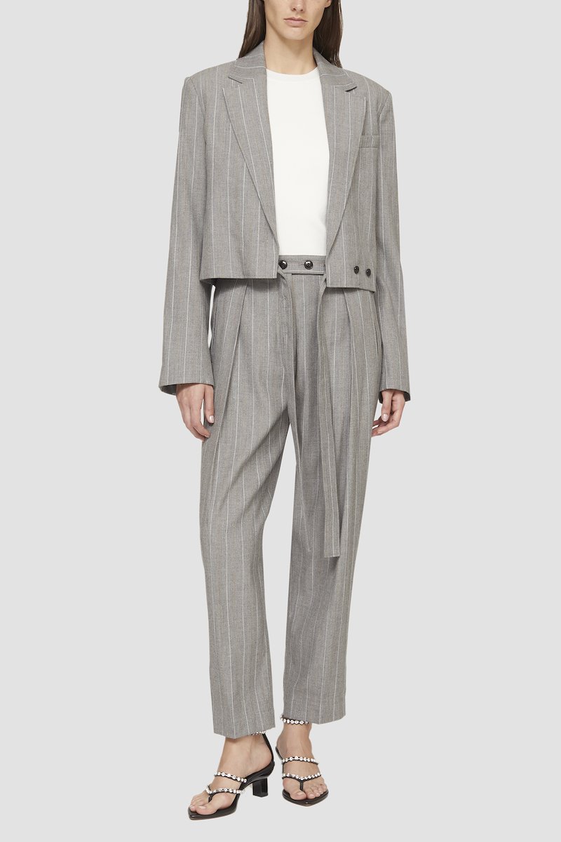 Cropped Blazer With Ties-grey #0 Cropped Blazer With Ties, nickel grey wool blend vertical stripe print shawl lapels chest welt pocket long sleeves cropped- 0