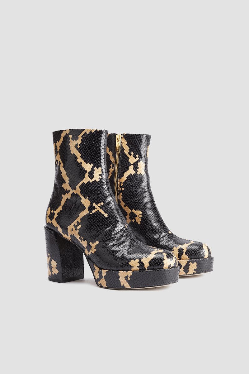 Naomi Platform Zip Up Mid Boot-black #1 Naomi Platform Zip Up Mid Boot, snake-print platform boots from 3.1 PHILLIP LIM featuring black/multicolour, calf leather, all-over snakeskin print, embossed crocodile effect, round toe, side zip fastening, platform sole and high block heel.- 3