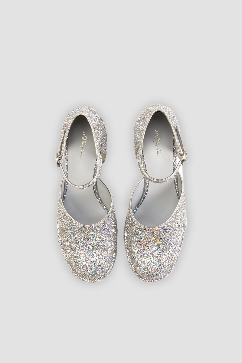 Naomi Platform Mary Jane-silver #1 Naomi Platform Mary Jane, Naomi 90mm platform pumps from 3.1 PHILLIP LIM featuring glitter detailing, buckle-fastening ankle strap, round toe, branded insole, silver-tone, calf leather, leather, cotton and 90mm block heel.- 1