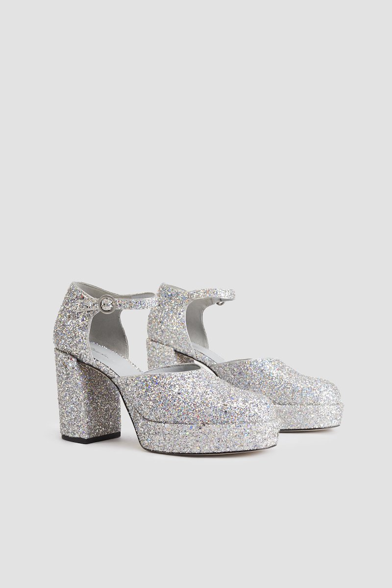 Naomi Platform Mary Jane-silver #1 Naomi Platform Mary Jane, Naomi 90mm platform pumps from 3.1 PHILLIP LIM featuring glitter detailing, buckle-fastening ankle strap, round toe, branded insole, silver-tone, calf leather, leather, cotton and 90mm block heel.- 3
