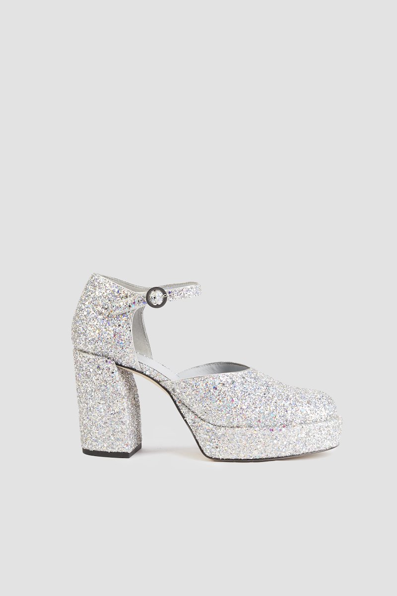 Naomi Platform Mary Jane-silver #0 Naomi Platform Mary Jane, Naomi 90mm platform pumps from 3.1 PHILLIP LIM featuring glitter detailing, buckle-fastening ankle strap, round toe, branded insole, silver-tone, calf leather, leather, cotton and 90mm block heel.- 2