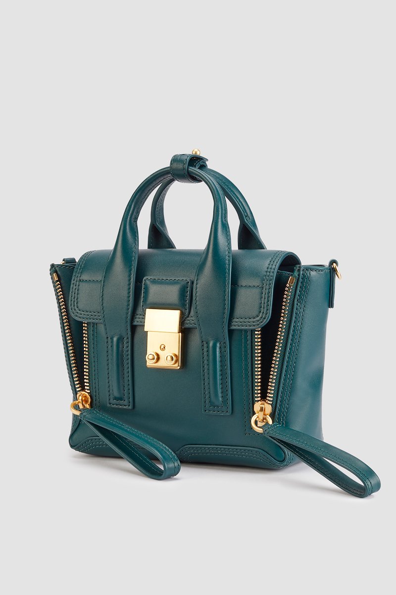 Pashli Mini Satchel-green #1 Pashli Mini Satchel, forest green calf leather gold-tone hardware two rolled top handles adjustable detachable shoulder strap tonal stitching clasp fastening front flap closure main compartment full lining internal card slots- 1