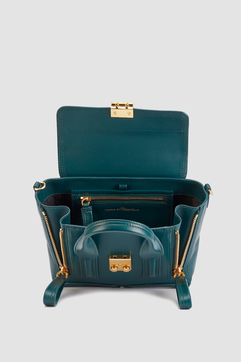 Pashli Mini Satchel-green #1 Pashli Mini Satchel, forest green calf leather gold-tone hardware two rolled top handles adjustable detachable shoulder strap tonal stitching clasp fastening front flap closure main compartment full lining internal card slots- 3