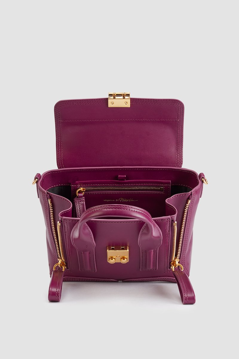 Pashli Mini Satchel-pink #1 Pashli Mini Satchel, grape purple calf leather gold-tone hardware two rolled top handles adjustable detachable shoulder strap tonal stitching clasp fastening front flap closure main compartment full lining internal card slots- 5