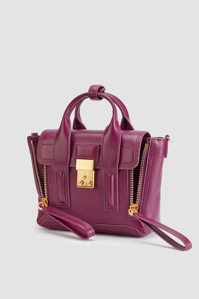 Pashli Mini Satchel-pink #1 Pashli Mini Satchel, grape purple calf leather gold-tone hardware two rolled top handles adjustable detachable shoulder strap tonal stitching clasp fastening front flap closure main compartment full lining internal card slots- 3