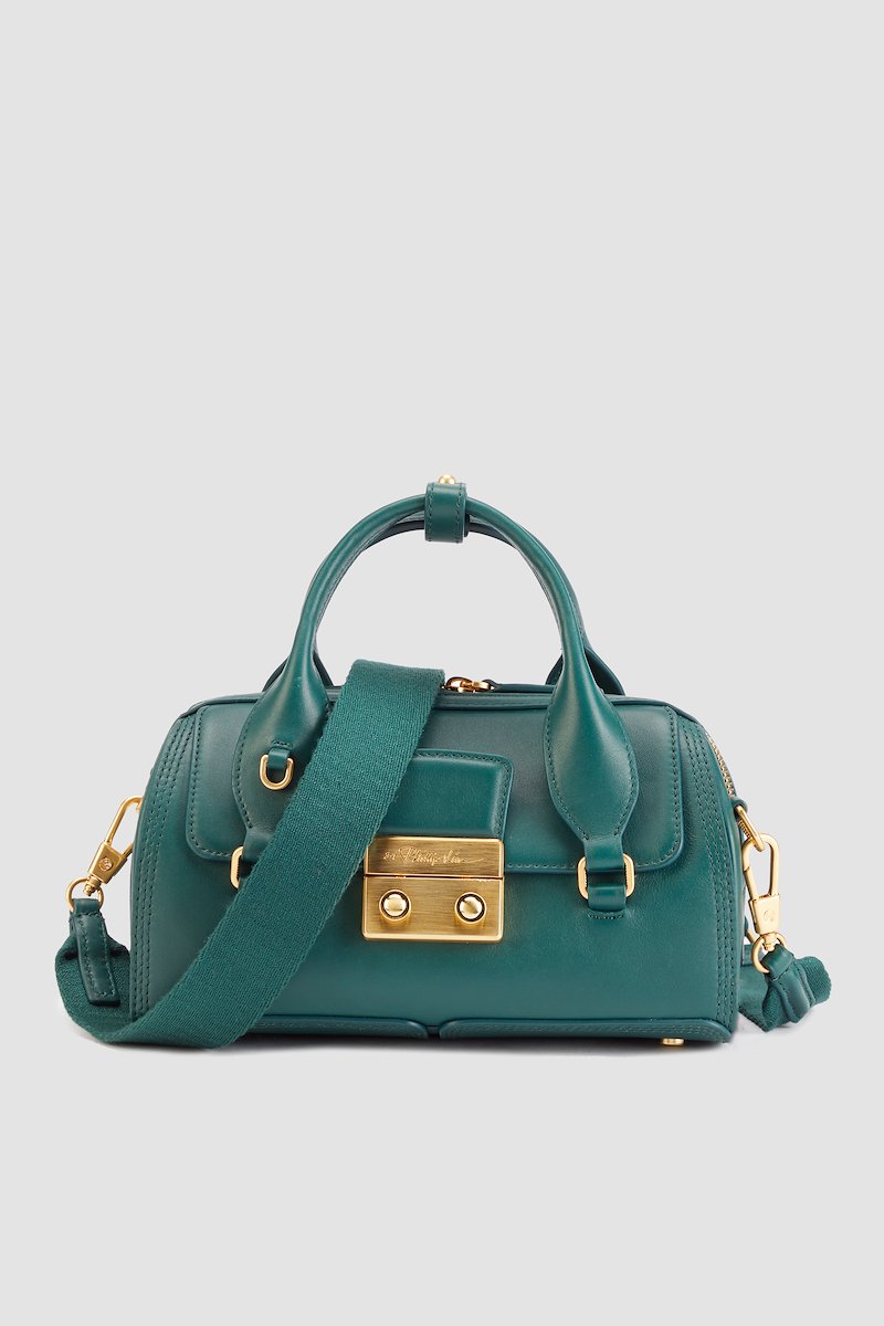 Pashli Duffle-green #0 Pashli Duffle, leather tote bag from 3.1 PHILLIP LIM featuring forest green, calf leather, gold-tone hardware, decorative buckle detail, top zip fastening, two rounded handles to the sides and single shoulder strap.- 0