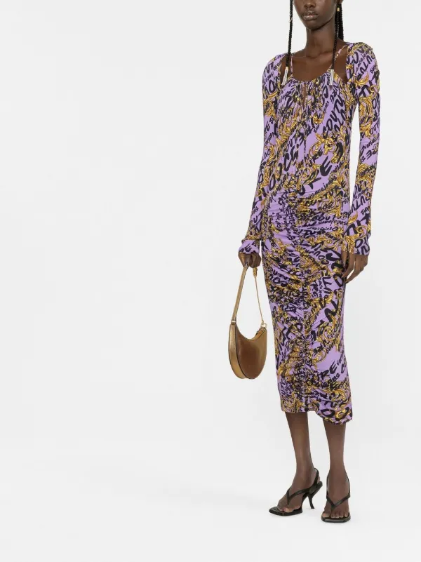 versace dress purple Versace All-over Logo-print Gathered Midi Dress