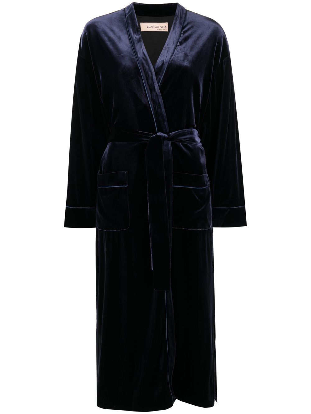 Shop Blanca Vita Velvet-effect Tie-waist Coat In Blau