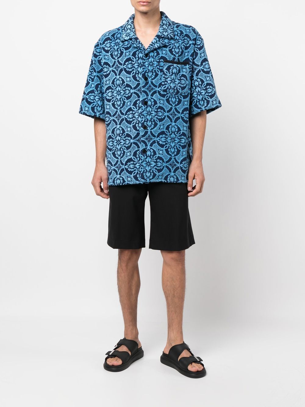 Shop Marine Serre Oriental Towel-print Short-sleeve Shirt In Blue