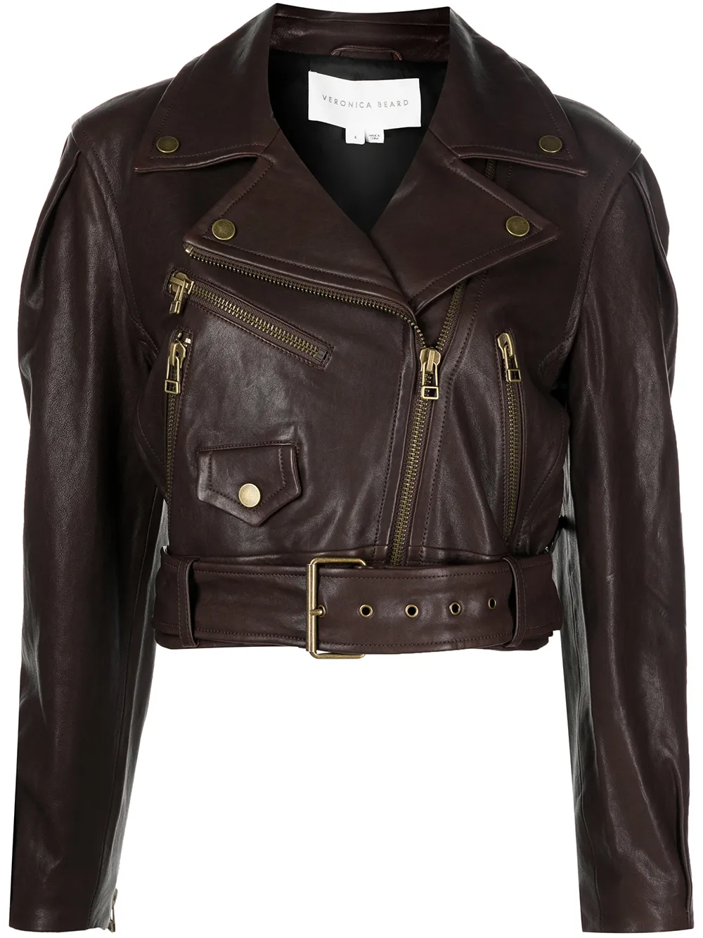 

Veronica Beard cropped belted-waist leather jacket - Brown