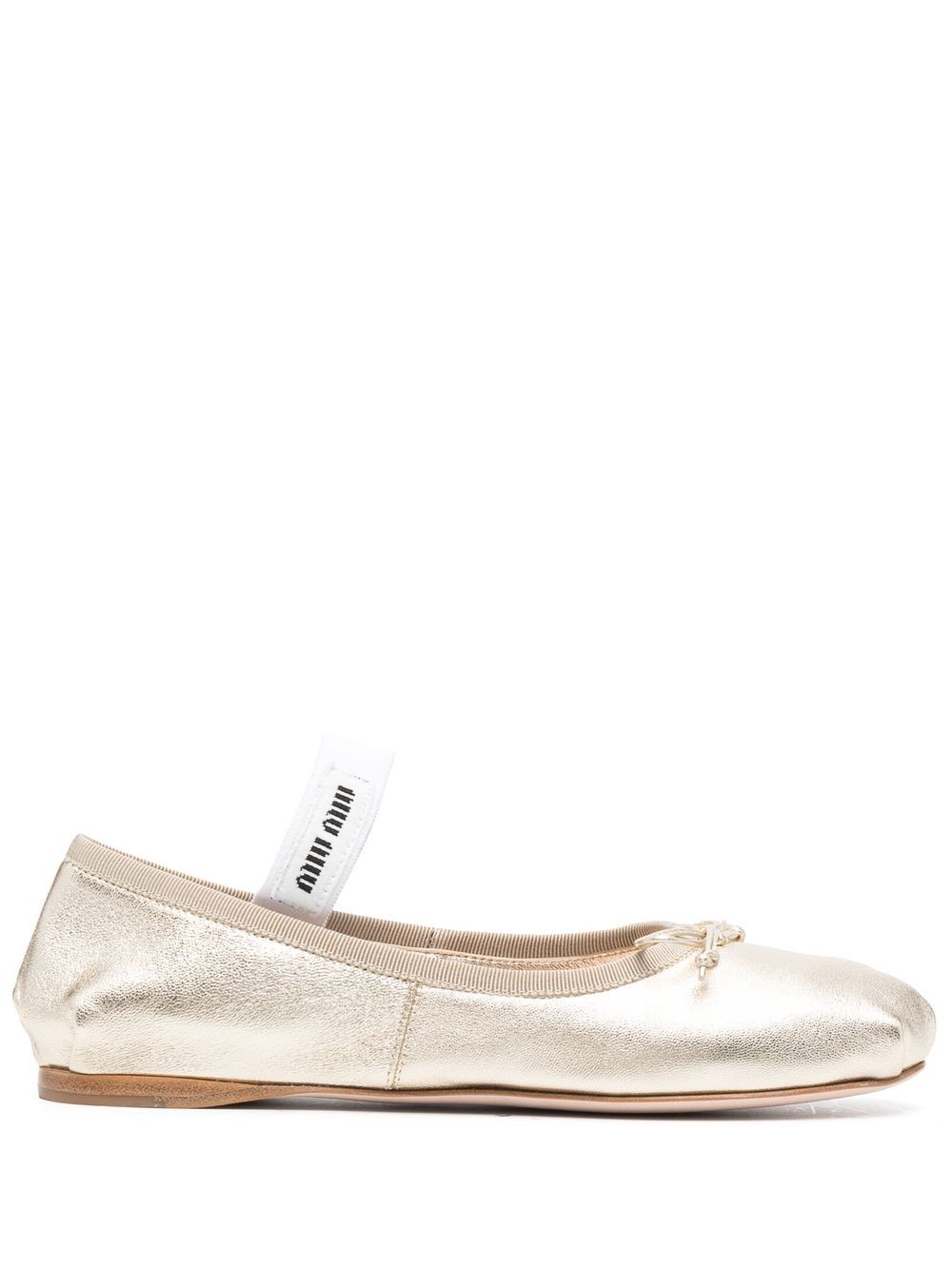 Miu logo-print silk ballerina shoes Gold