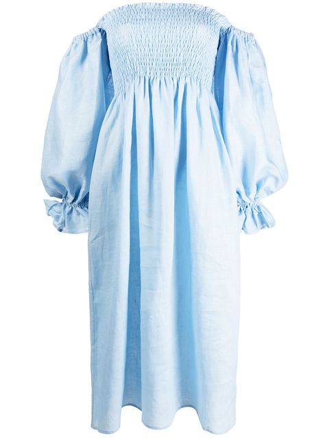 Sleeper off-shoulder balloon-sleeve midi dress