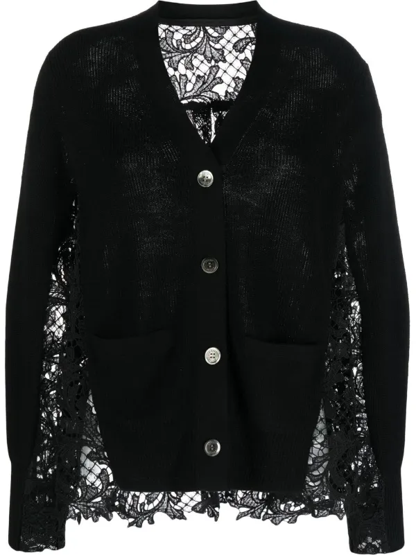Sacai embroidered-lace Panel Cardigan 