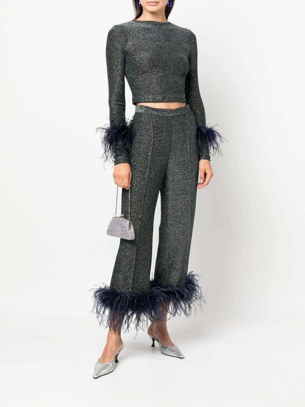 Shop Styland Glitter Feather-trim Cropped Trousers In Blue