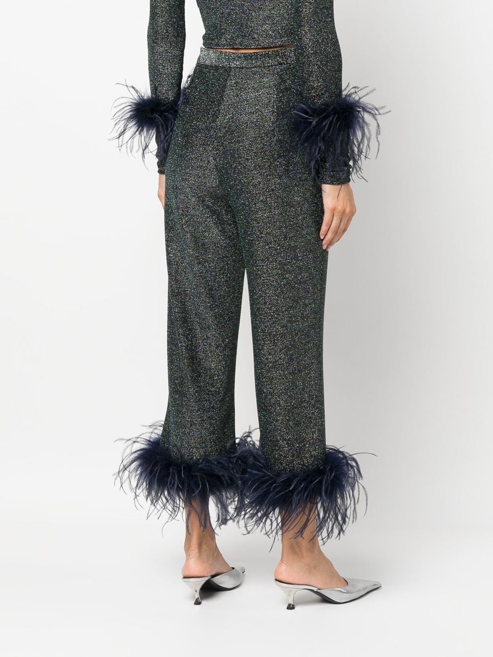 Shop Styland Glitter Feather-trim Cropped Trousers In Blue