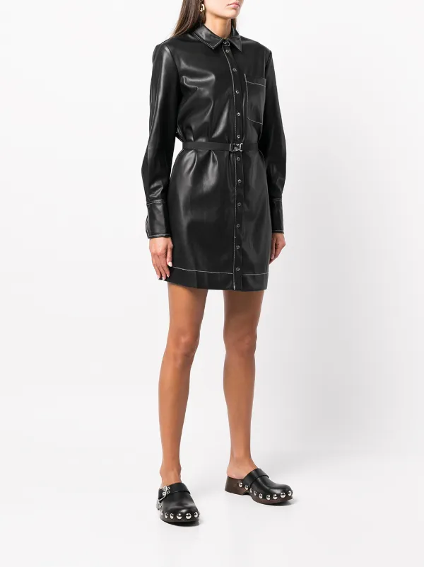 Staud Lynn Vegan Faux Leather Belted Mini Shirt Dress - Black