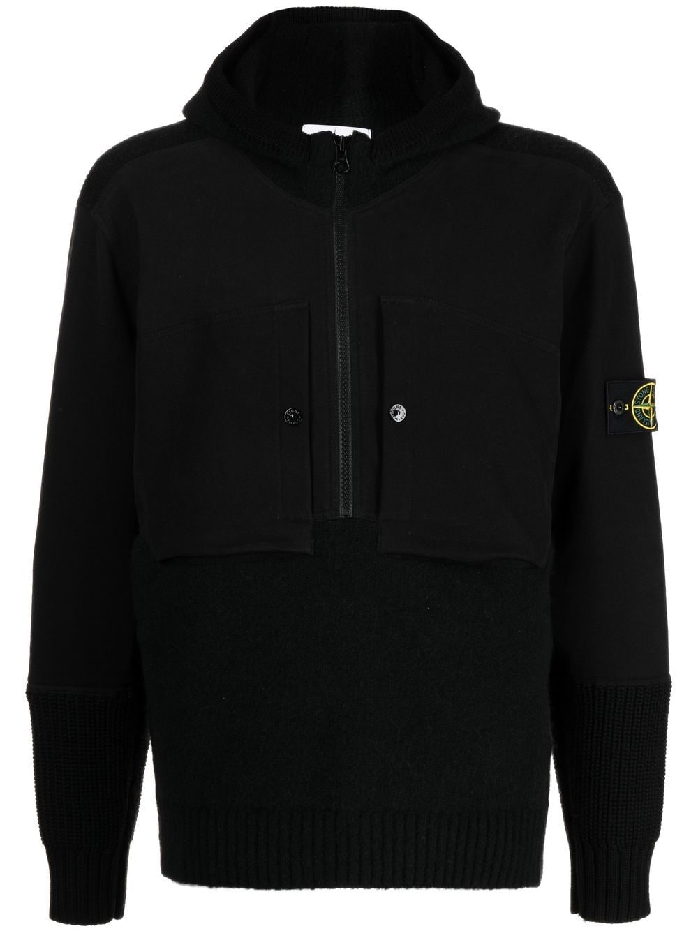 Stone Island Knitted Panelled Zip-up Hoodie In Black | ModeSens