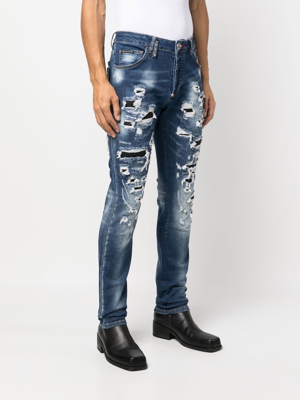 Shop Philipp Plein Distressed Straight-leg Jeans In Blue