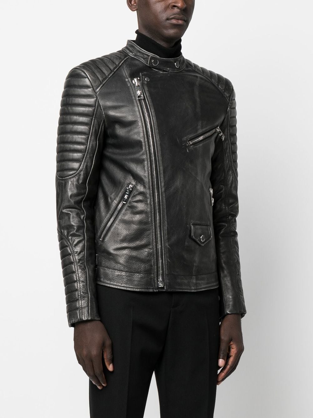 Shop Philipp Plein Skull Bones Metallic Leather Jacket In Black