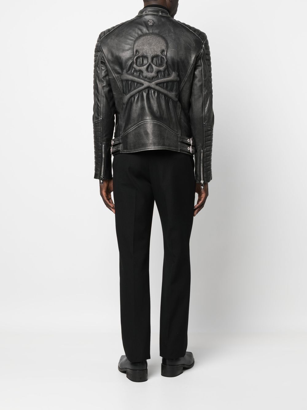 Shop Philipp Plein Skull Bones Metallic Leather Jacket In Black