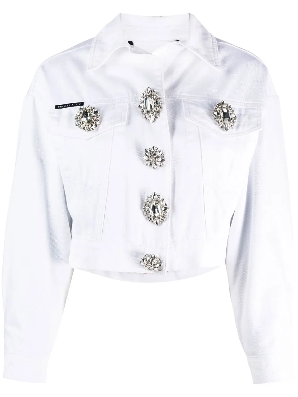 Philipp Plein Crystal Button Cropped Denim Jacket In White