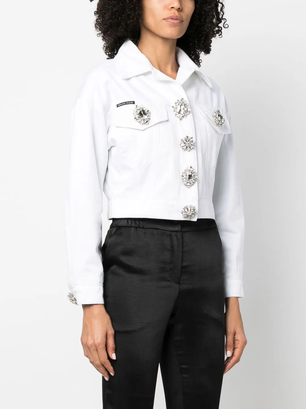  Philipp Plein Cropped Jeansjacke Mit Kristallknöpfen   Weiß 