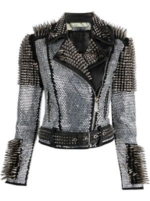 Women Philipp Plein Quilted Black Lambskin Genuine Leather Bomber