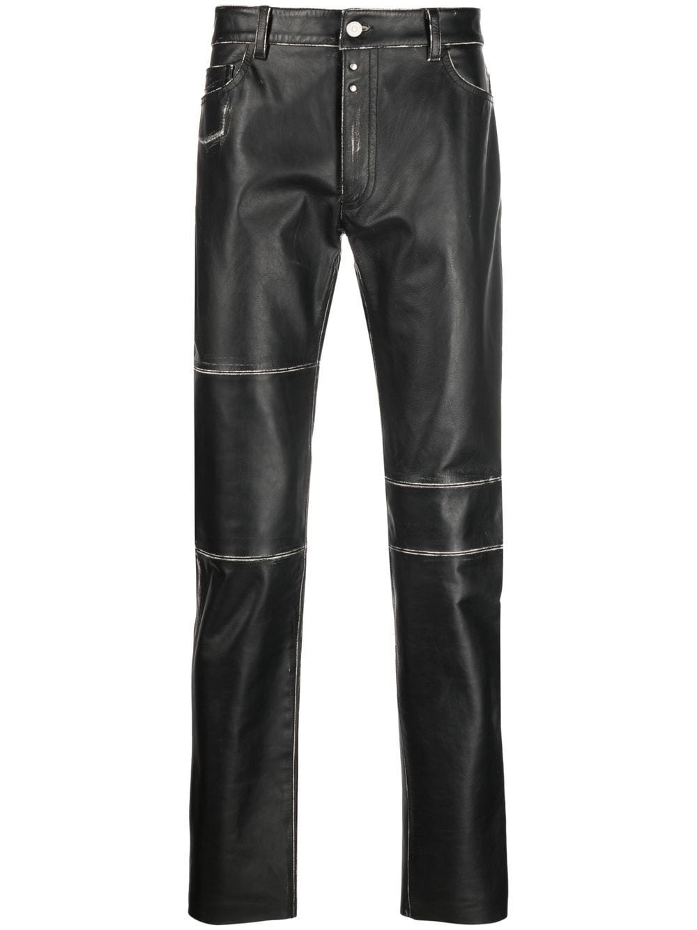 Vintage Effect Slim Cut Leather Pants In Black