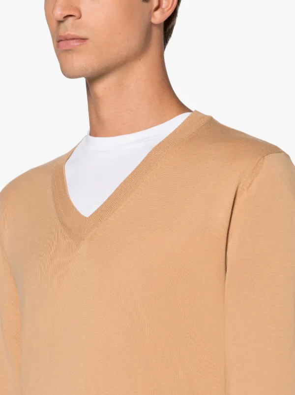 Deep V Neck Beige Cotton Sweater