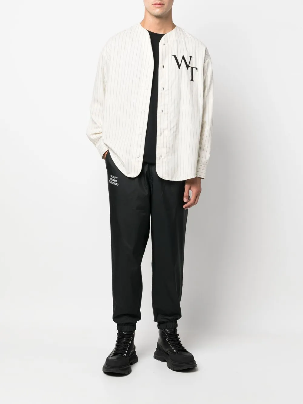 wtaps league pinstriped collarless shirt - neutrals