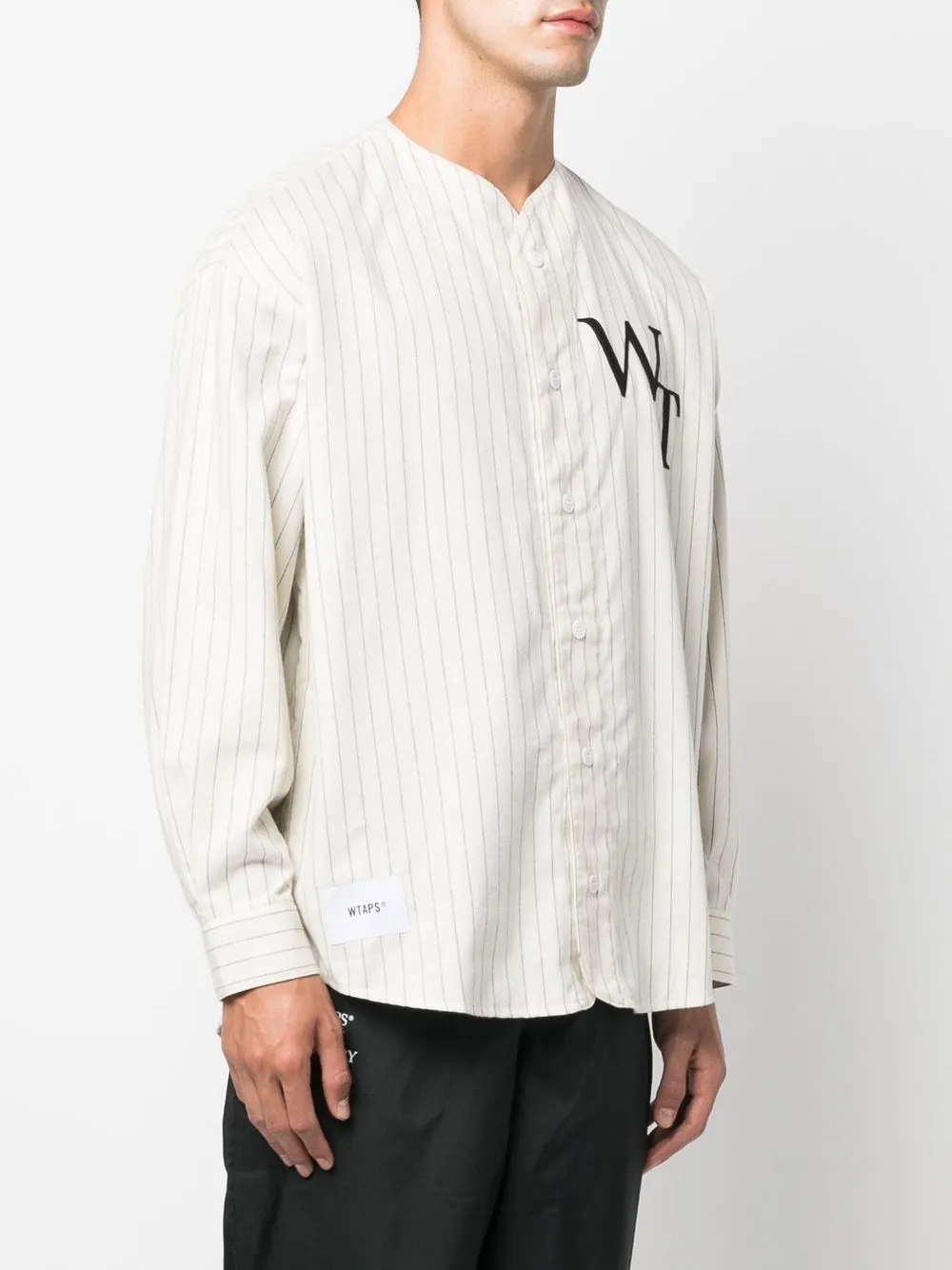 wtaps league pinstriped collarless shirt - neutrals