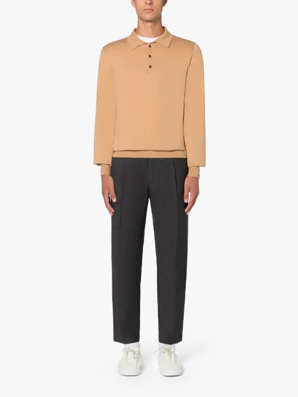Beige Cotton Long Sleeve Polo Shirt